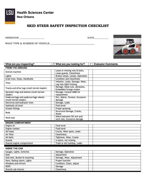 skid steer loader daily inspection checklist|bobcat checklist template.